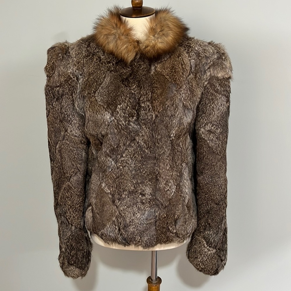 Genuine rabbit fur coat with fox tail collar women’s size L
